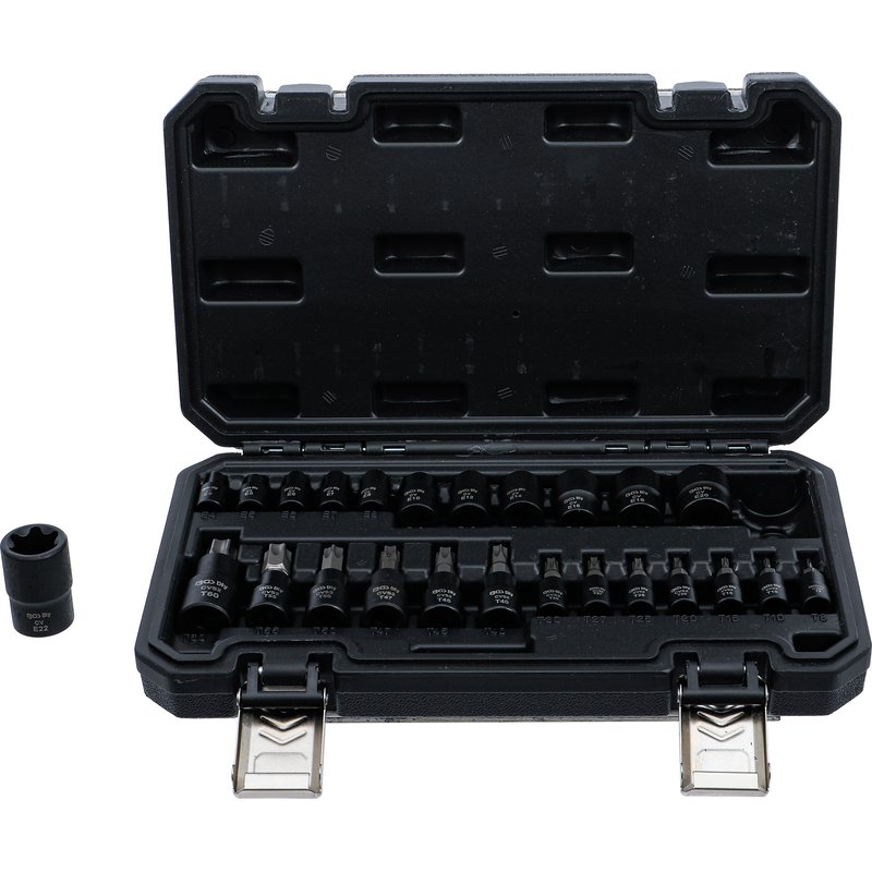 Bittop-/topnøgletopsæt | 6,3 mm (1/4"), 10 mm (3/8"), 12,5 mm (1/2") | E-profil / T-profil (til Torx) | 25 dele