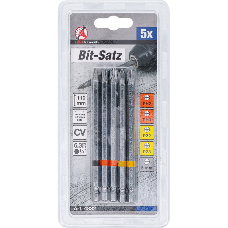 Bitsæt | udvendig sekskant 6,3 mm (1/4") | Krydskærv PH, krydskærv PZ, slids | længde 110 mm | 5 dele - Billede 5