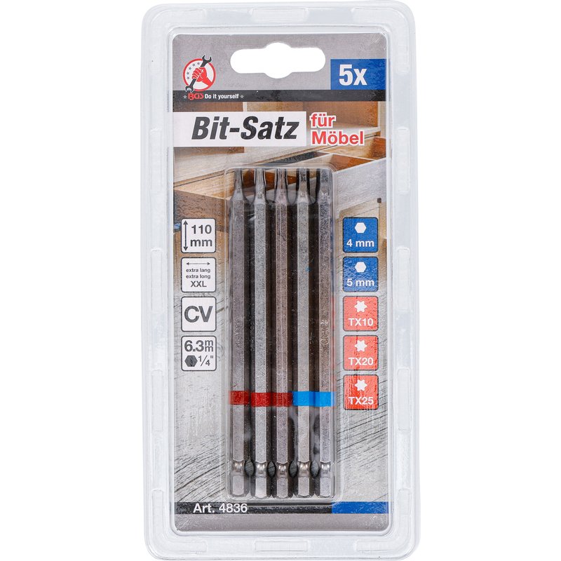 Bitsæt | udvendig sekskant 6,3 mm (1/4") | indvendig sekskant, T-profil (til Torx) | længde 110 mm | 5 dele - Billede 4